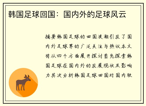韩国足球回国：国内外的足球风云